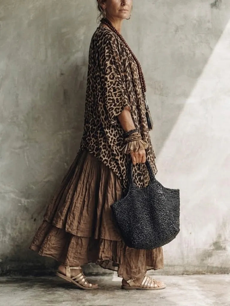 Women's Leopard Print Blouse With Distressed Half Skirt Cotton-linen Set