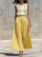 Casual Sleeveless Linen-cotton Top And Striped Wide-leg Pants Two-piece Set