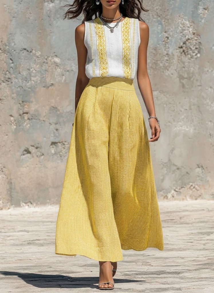 Casual Sleeveless Linen-cotton Top And Striped Wide-leg Pants Two-piece Set