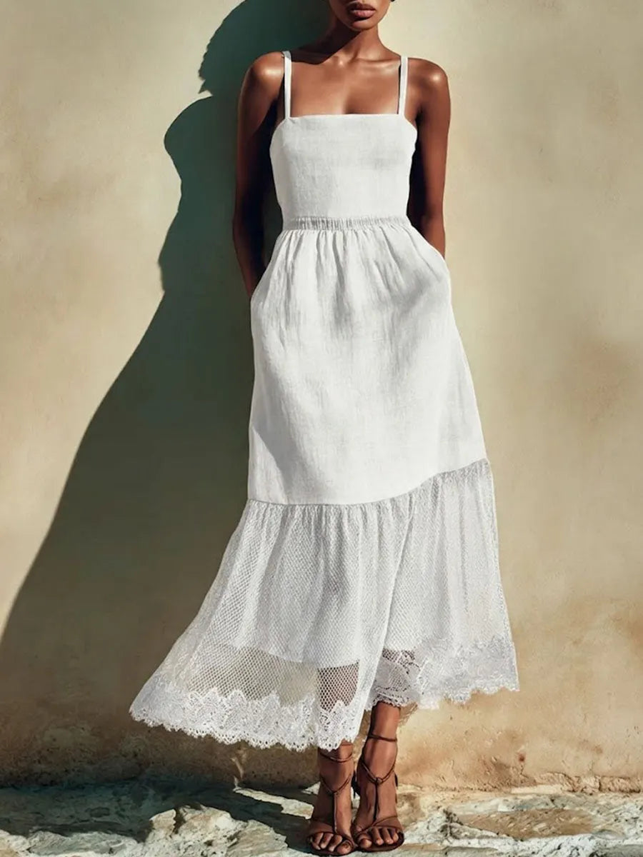 Women's Solid-color Casual Loose Cotton-linen Patchwork Strappy Dress