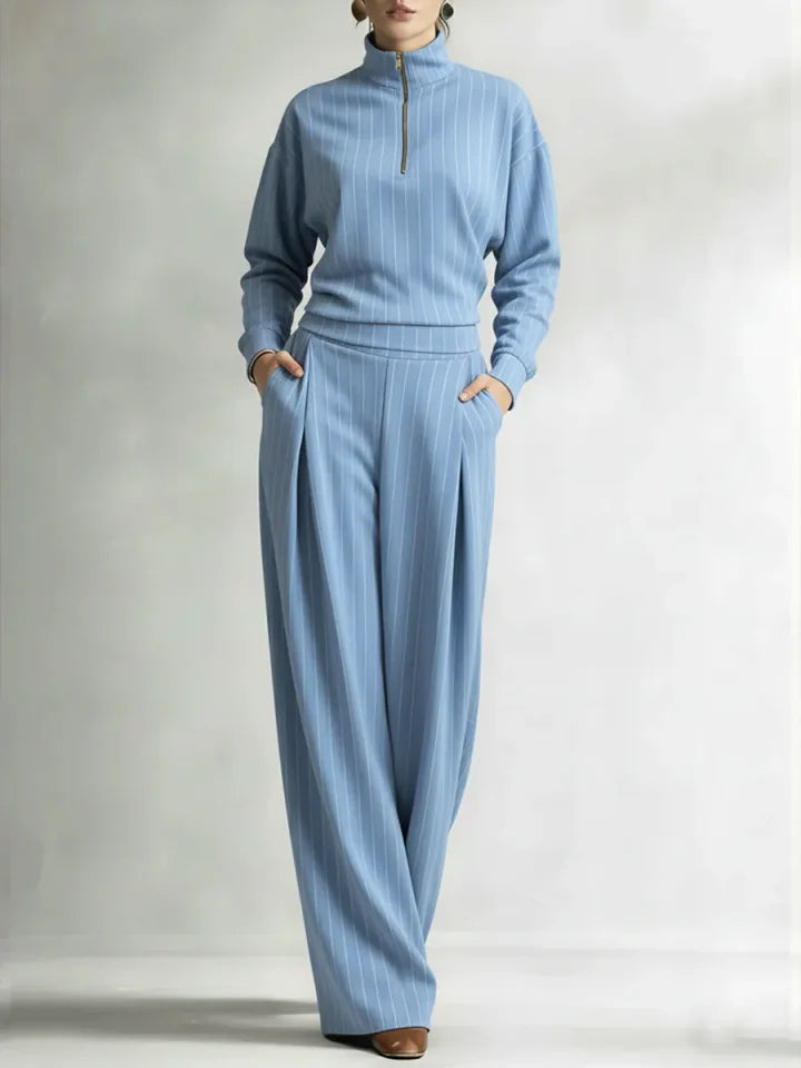 Women's Striped Stretch Cotton Half-zip Top And Wide-leg Pants Two-piece Set