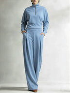 Women's Striped Stretch Cotton Half-zip Top And Wide-leg Pants Two-piece Set