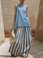 Vacation Cozy Top And Artistic Striped Skirt Linen Cotton Two-piece Set