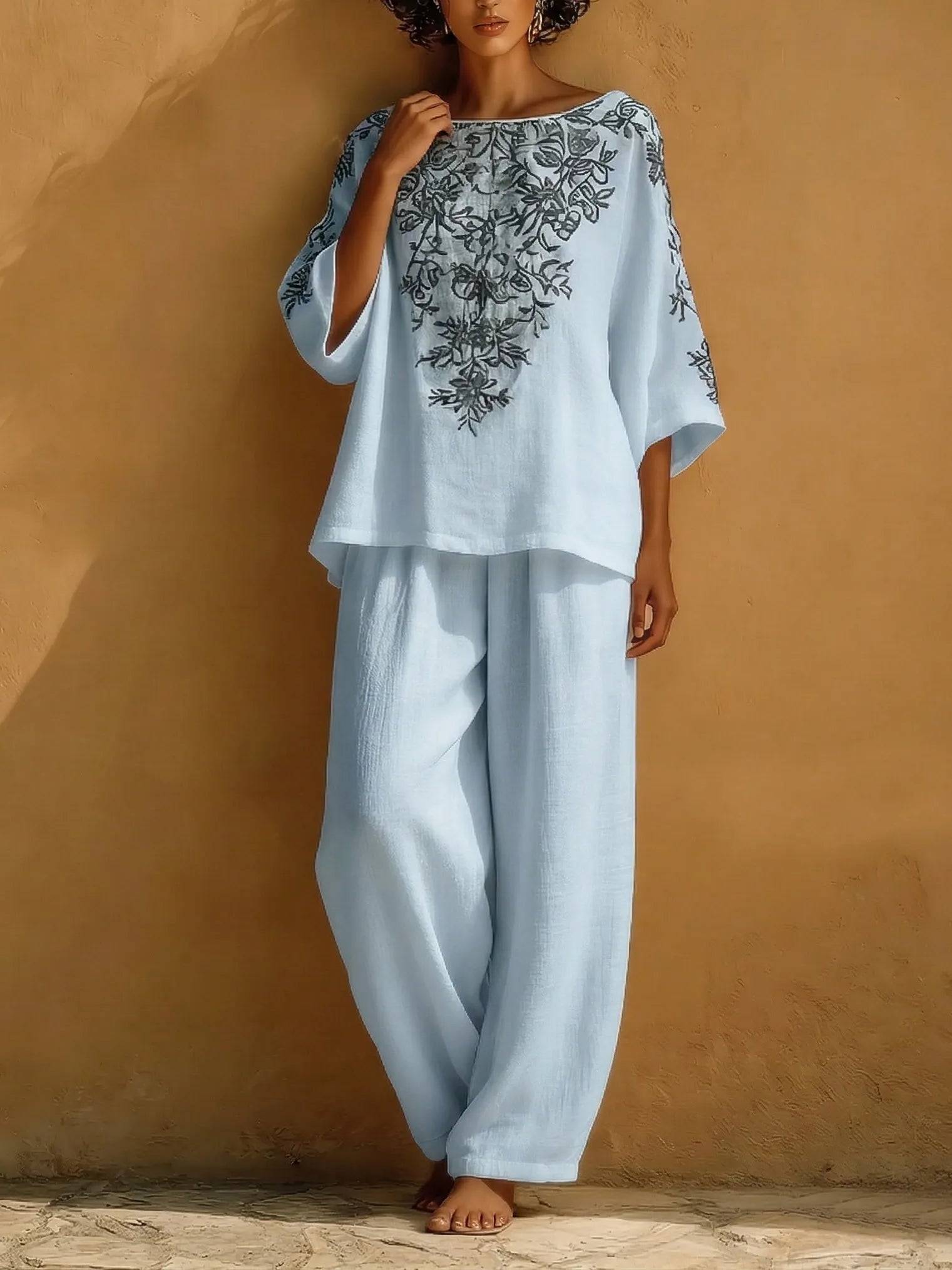 Vintage Floral Print Loose Cotton And Linen Two-piece Set