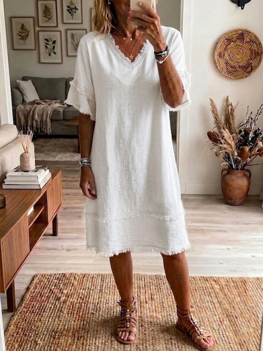 Casual Loose-fit Linen And Cotton Dress With Frayed Edges