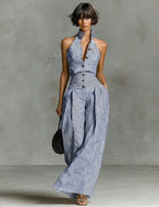 Retro Striped Sleeveless Top + High-waisted Wide-leg Pants Two-piece Set