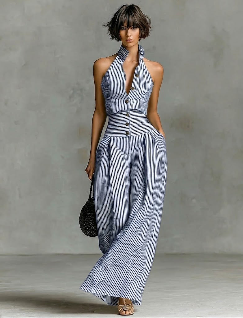 Retro Striped Sleeveless Top + High-waisted Wide-leg Pants Two-piece Set