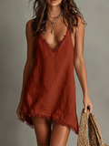 Stylish Fringe-trimmed Cotton-linen Mini Slip Dress