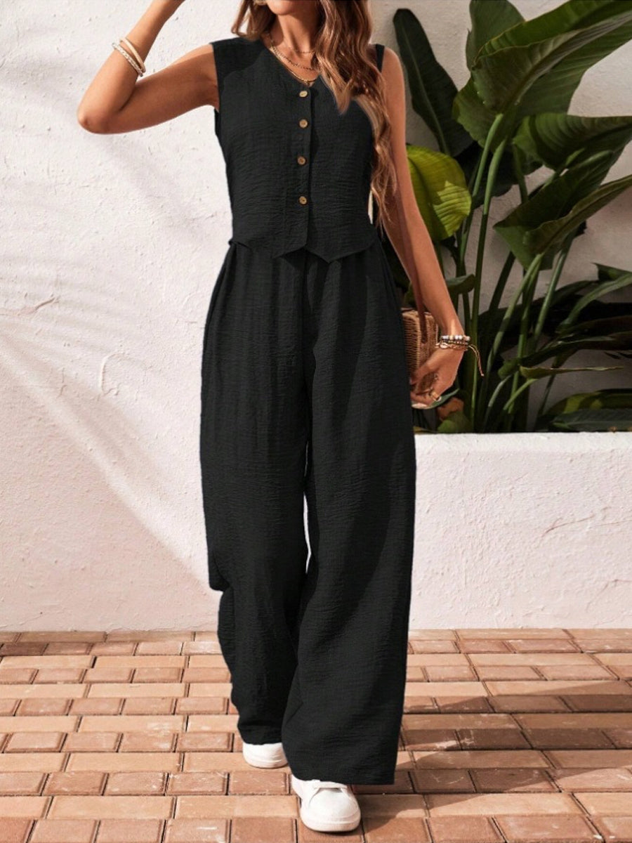 Women's Linen V-neck Front Button Vest And Pants Set