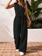 Women's Linen V-neck Front Button Vest And Pants Set
