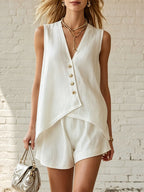 Casual Cotton-linen V-neck Button-front Sleeveless Top And Shorts Two-piece Set