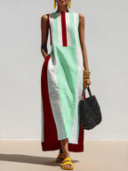 Women's Geometric Print Boat-neck Sleeveless Casual Loose Cotton-linen Dress