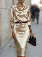 Women's Satin Slim-fit Pencil Dress With Shirt Collar And 3/4 Sleeves