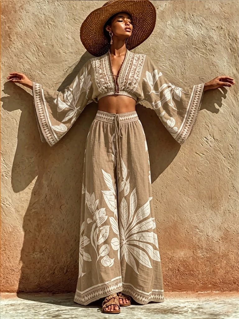 Bohemian-style Artistic Print Linen And Cotton Two-piece Set: Cropped Top And Pants