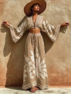 Bohemian-style Artistic Print Linen And Cotton Two-piece Set: Cropped Top And Pants