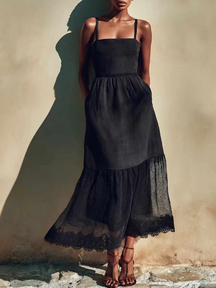 Women's Solid-color Casual Loose Cotton-linen Patchwork Strappy Dress