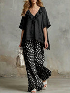 Casual Two-piece Set Of Linen And Cotton Top With Ruffled Collar And Polka Dot Pants
