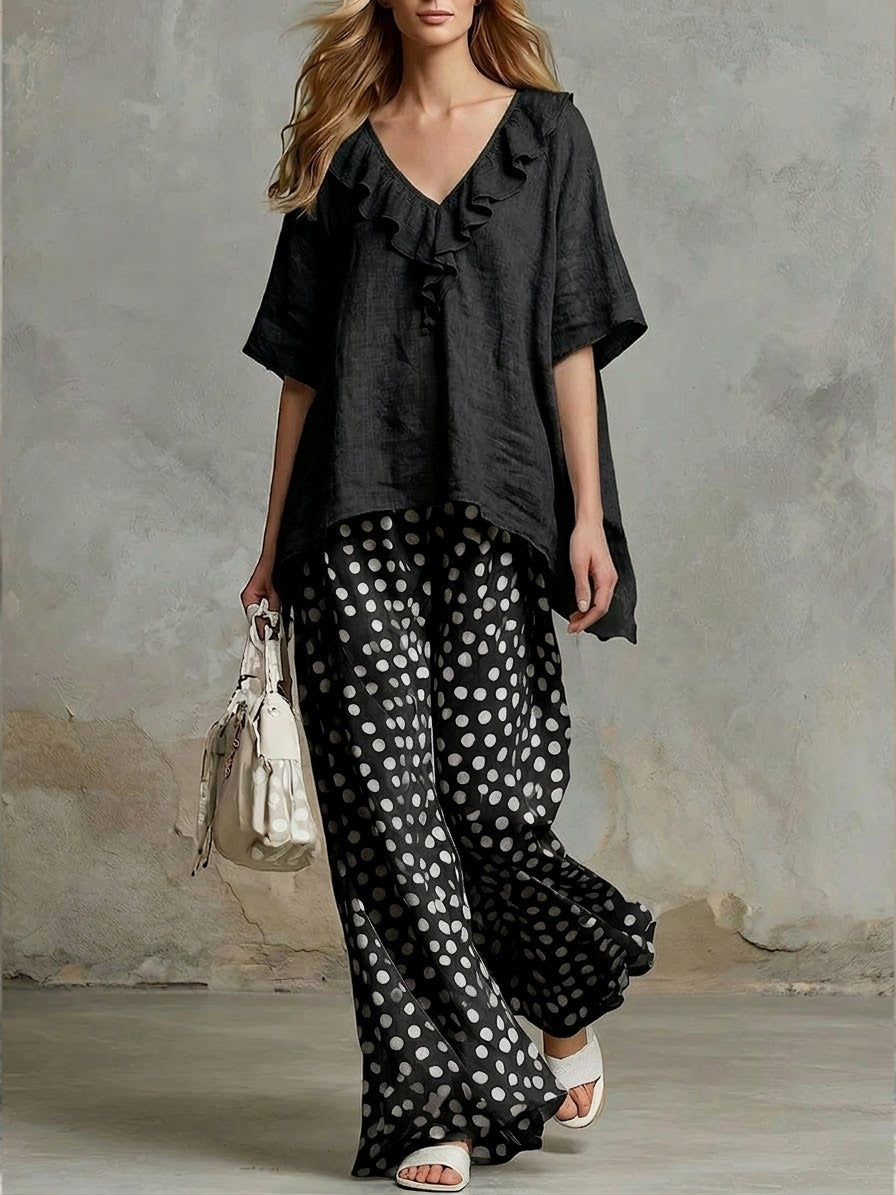 Casual Two-piece Set Of Linen And Cotton Top With Ruffled Collar And Polka Dot Pants