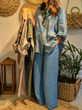 Women's Casual Cotton-linen Set: Abstract Print Shirt-collar Long-sleeve Loose Top & Elastic-waist Wide-leg Pants