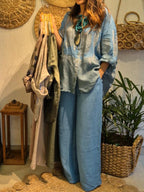Women's Casual Cotton-linen Set: Abstract Print Shirt-collar Long-sleeve Loose Top & Elastic-waist Wide-leg Pants
