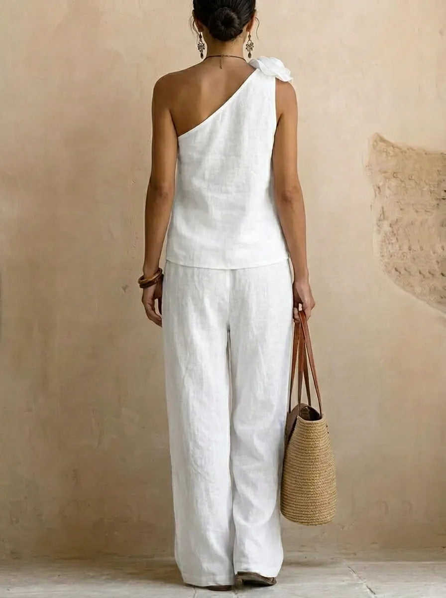 Womenâs Bohemian White Linen-Blend Two-Piece Set â One-Shoulder Top with 3D Floral & Drawstring Waist Pants