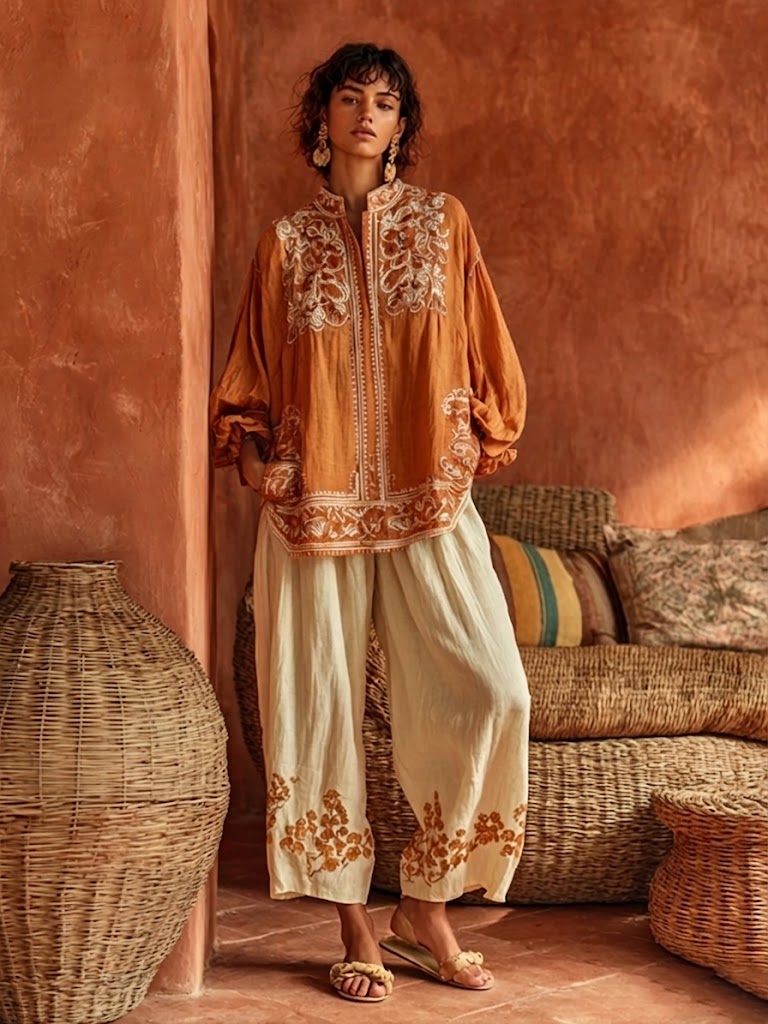 Bohemian Floral Print Linen And Cotton Two-piece Top And Pants Set