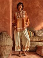 Bohemian Floral Print Linen And Cotton Two-piece Top And Pants Set