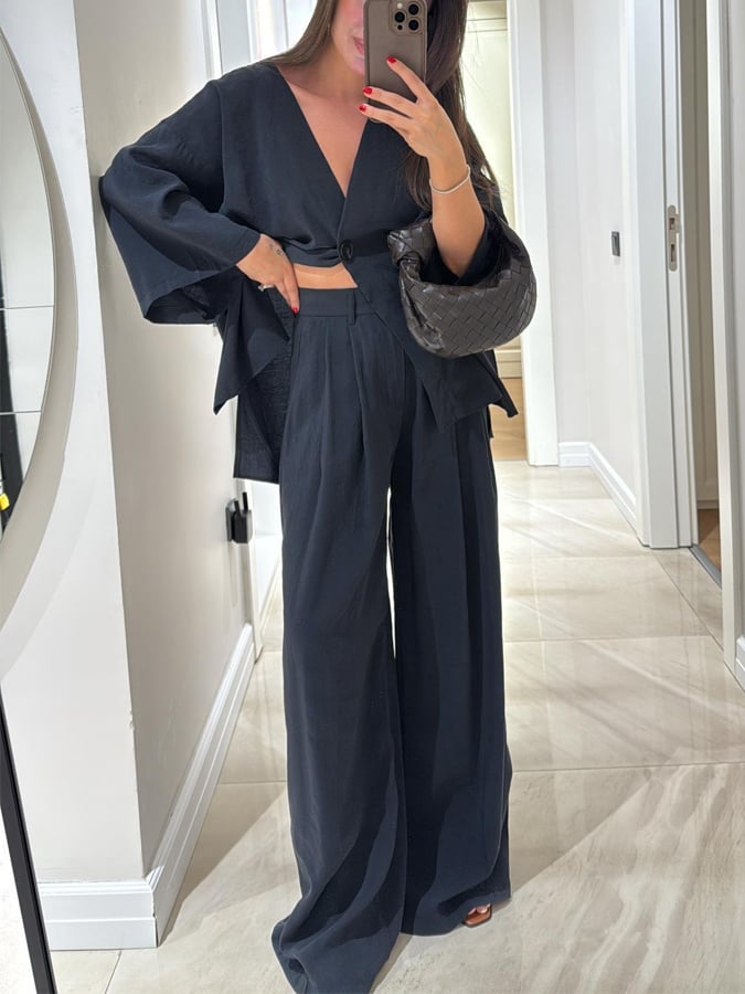 Women's Casual Solid Color Cotton and Linen Top and Pants Set