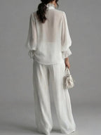 Women's Ruffled V-neck Long-sleeved Casual Loose Chiffon Top With Elastic Waist And Wide-leg Pants Set