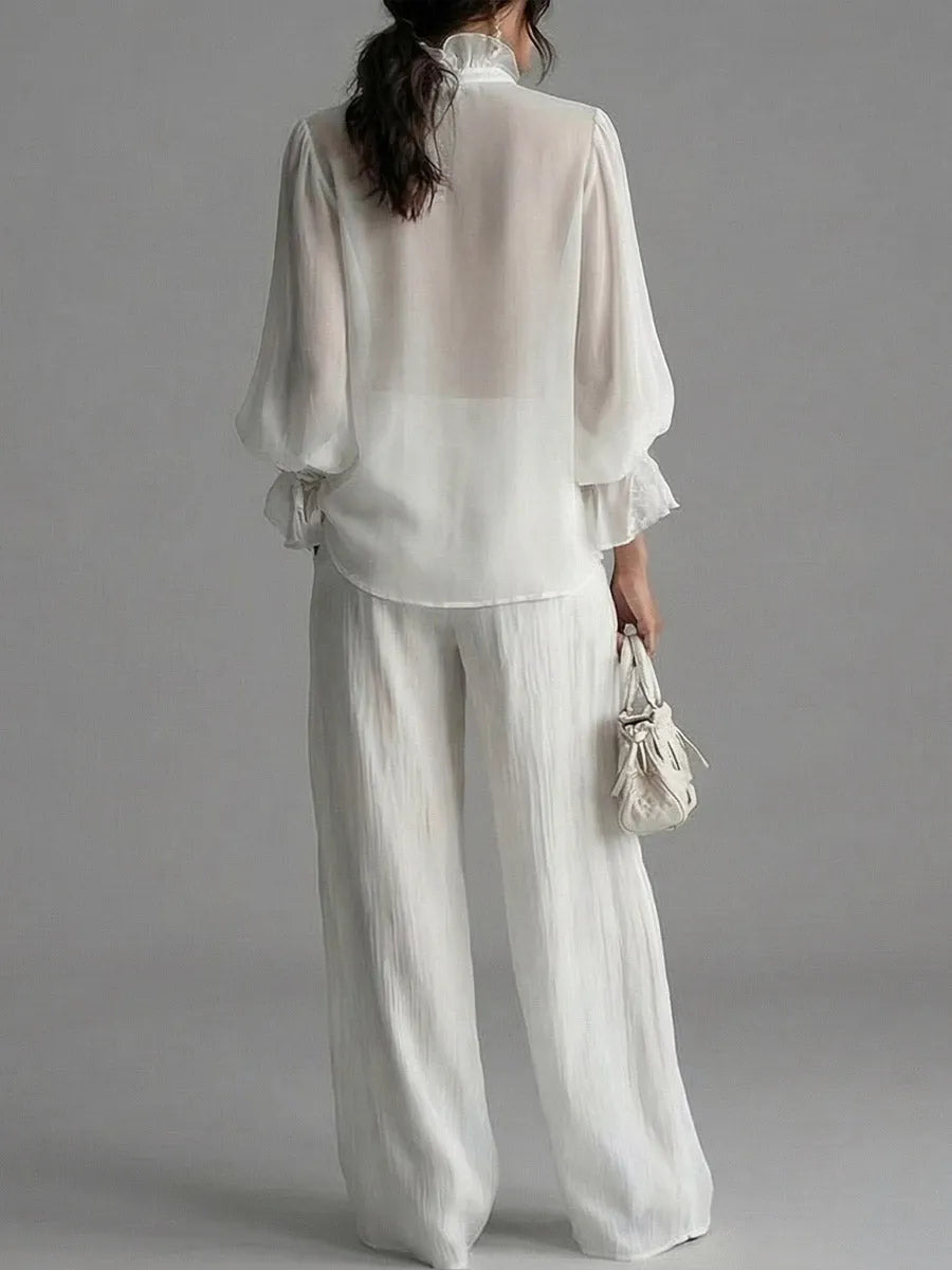Women's Ruffled V-neck Long-sleeved Casual Loose Chiffon Top With Elastic Waist And Wide-leg Pants Set