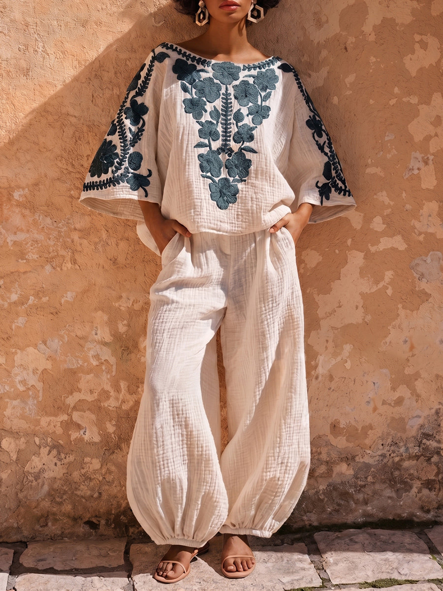 Bohemian Floral Bouquet Print Cotton-linen Two-piece Set