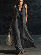 Classic Elegant Color-blocked Tie-neck Maxi Dress