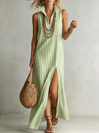 Stylish Classic Striped Stand-collar Cotton-linen Maxi Dress