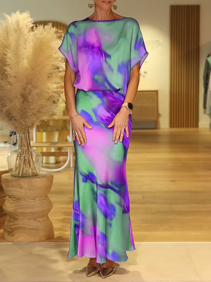 Women's Colorful Tie-patter Pattern Round Neck Short Sleeve Casual Loose Top And High Waist Slim Fit Satin Set
