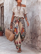 Boho Off-shoulder Top And Ikat Wrap Harem Pants Two-piece Set