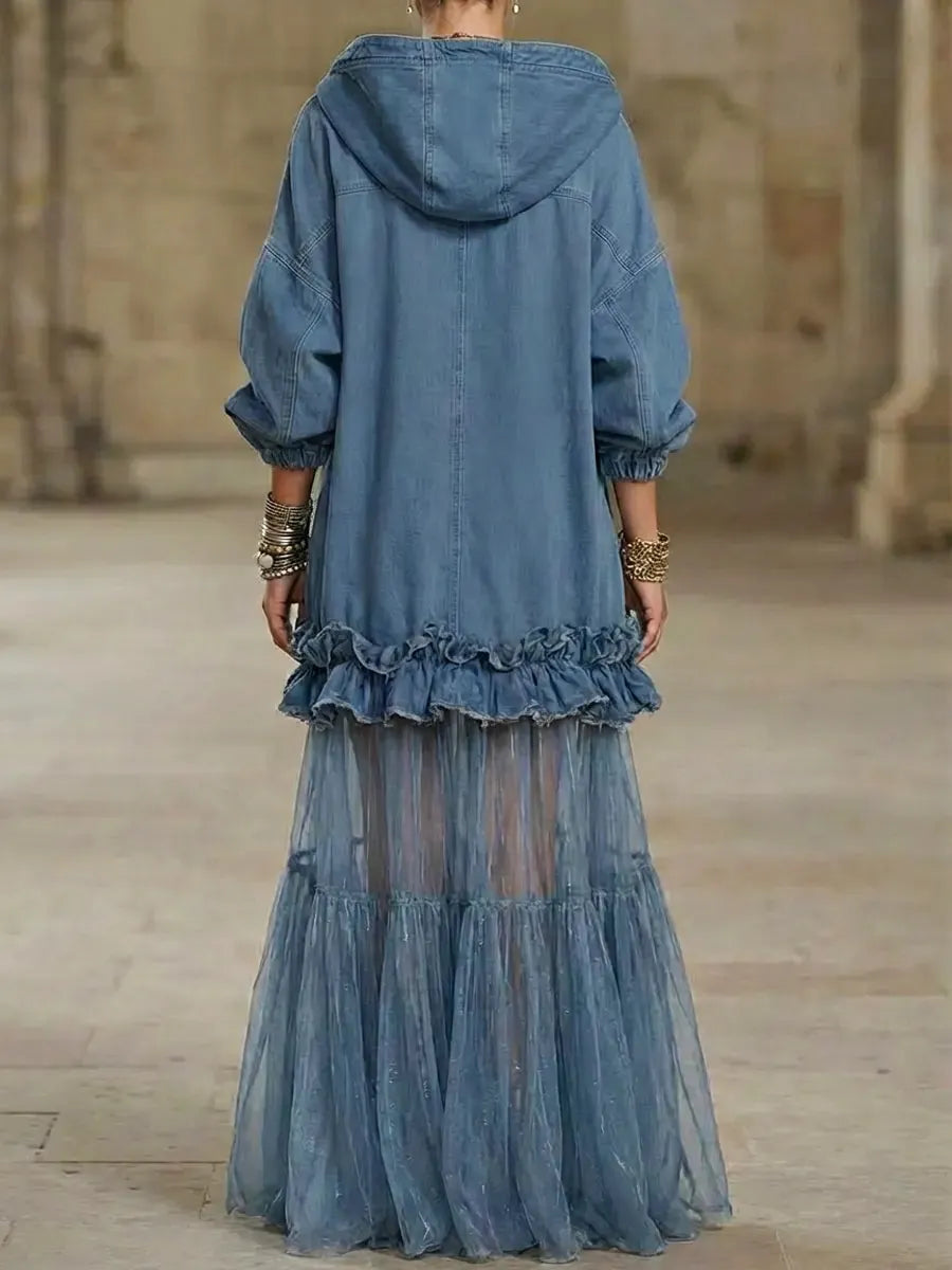 Women's Retro Hooded Zip Ruffled Denim Organza Patchwork Art Casual Maxi Dress