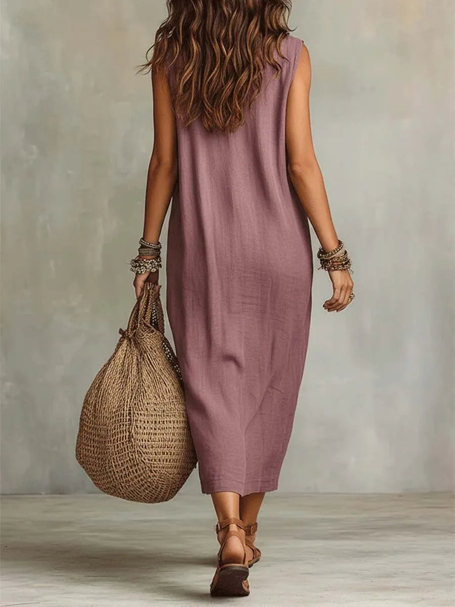 Women's Solid Color Swing Collar Art Stylish Cotton Linen Casual Dress