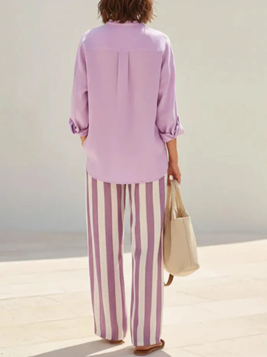 Women's Solid-color Stand-collar Long-sleeve Loose-fit Cotton-linen Shirt & Elastic-waist Striped Wide-leg Pants Set
