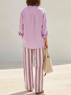 Women's Solid-color Stand-collar Long-sleeve Loose-fit Cotton-linen Shirt & Elastic-waist Striped Wide-leg Pants Set