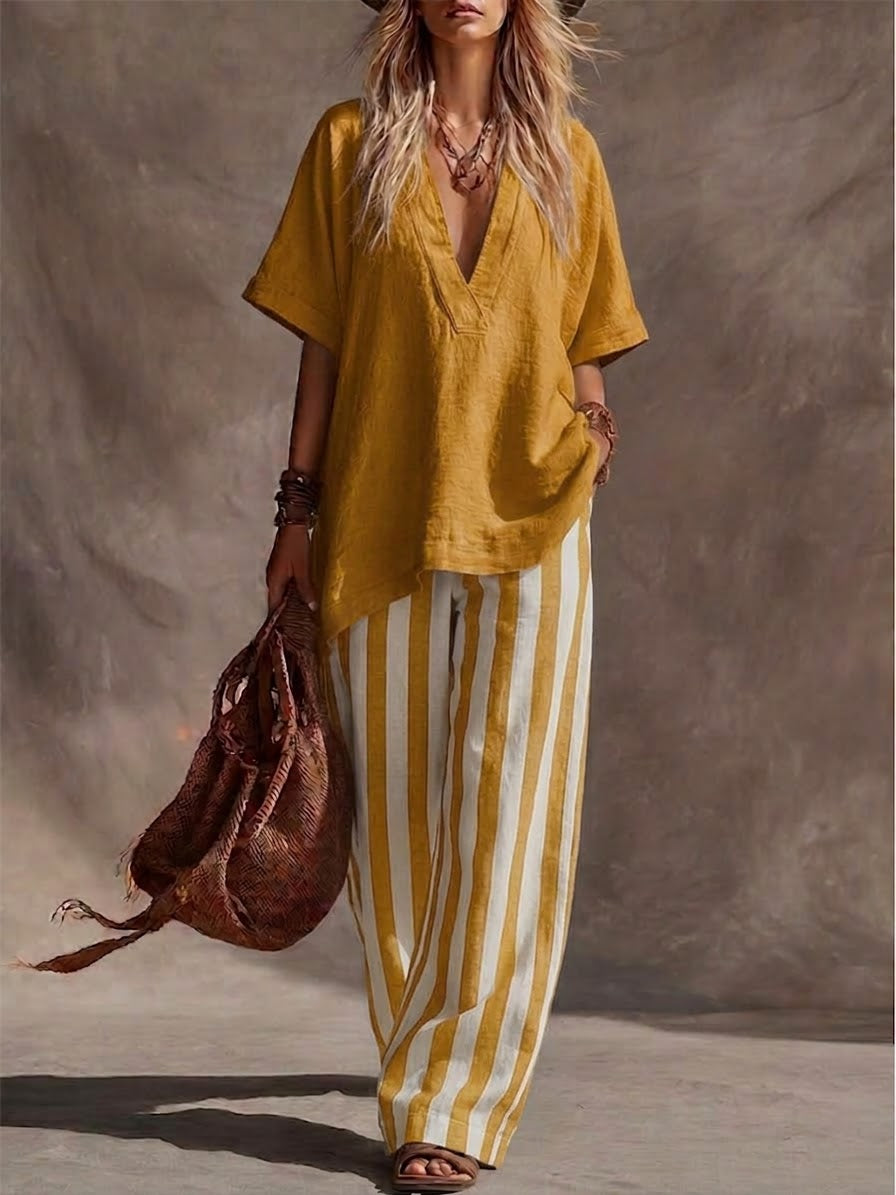 Casual Linen And Cotton Top And Striped Pants Two-piece Set