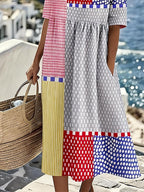 Women's Casual Round Neck Half Sleeve Striped Contrast Print Dress