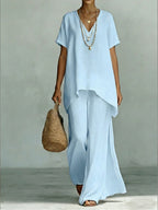 Classic Casual Short-sleeved Linen And Cotton Top And Wide-leg Pants Two-piece Set