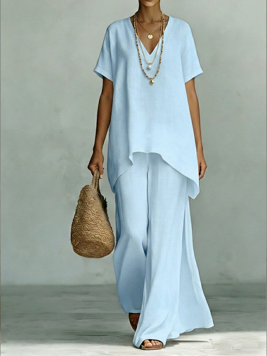 Classic Casual Short-sleeved Linen And Cotton Top And Wide-leg Pants Two-piece Set