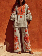Bohemian Floral Print Linen And Cotton Two-piece Top And Pants Set