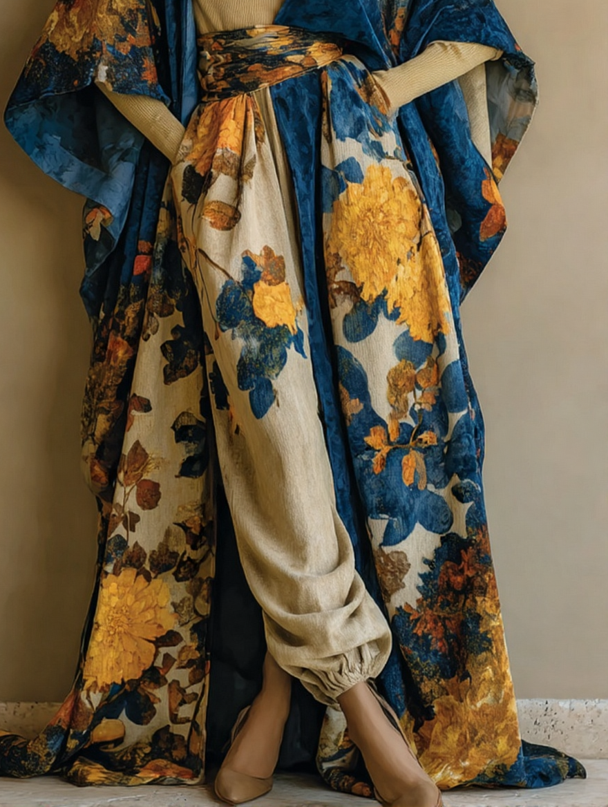 Women's Elegant Red Vintage Printed Robe Pants Set