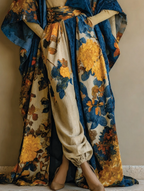Women's Elegant Red Vintage Printed Robe Pants Set