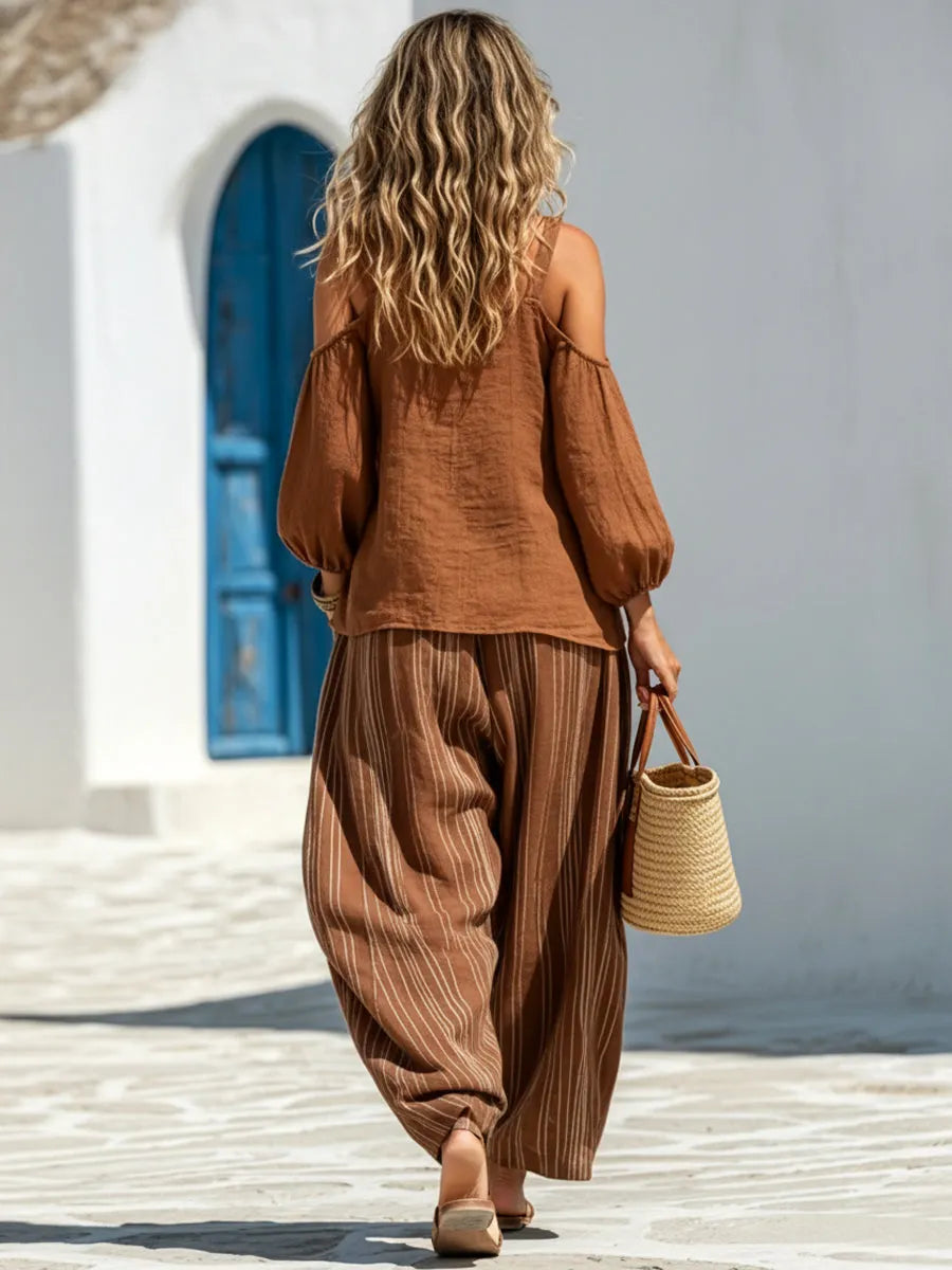 Brown Linen-cotton Cold-shoulder Blouse & Striped Wide Leg Pants Set