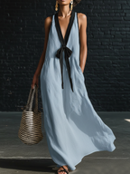 Classic Elegant Color-blocked Tie-neck Maxi Dress