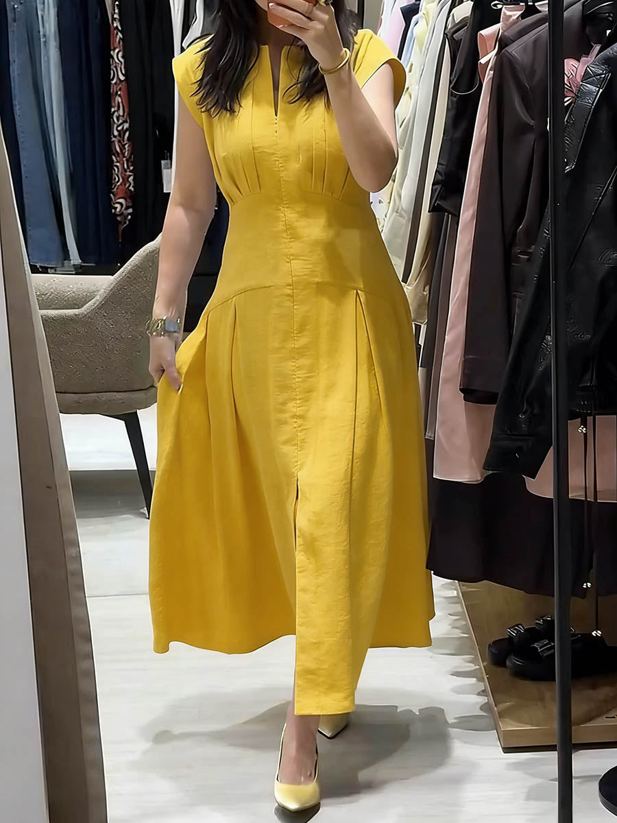 Women's Solid-color V-neck Sleeveless Casual Loose Cotton-linen Dress