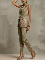 Women's Elegant Floral Sleeveless Blazer And Pants Two-piece Set